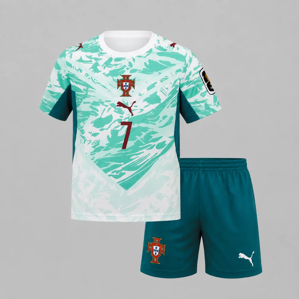 Portugal 2026 World Cup Cristiano Ronaldo #7 Away Kids Kit – Embroidered Jersey & Shorts Set CR7