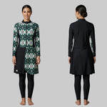 A woman modeling a long-sleeve athletic tunic and leggings set in a studio setting, shown from both the front and back. The front view shows a geometric pattern in green, white, and black, with a solid black side panel and leggings.